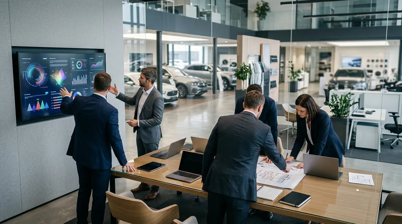 professional automotive dealership interior with digital displays and business professionals discussing strategy, modern office environment, photorealistic, professional, no people faces