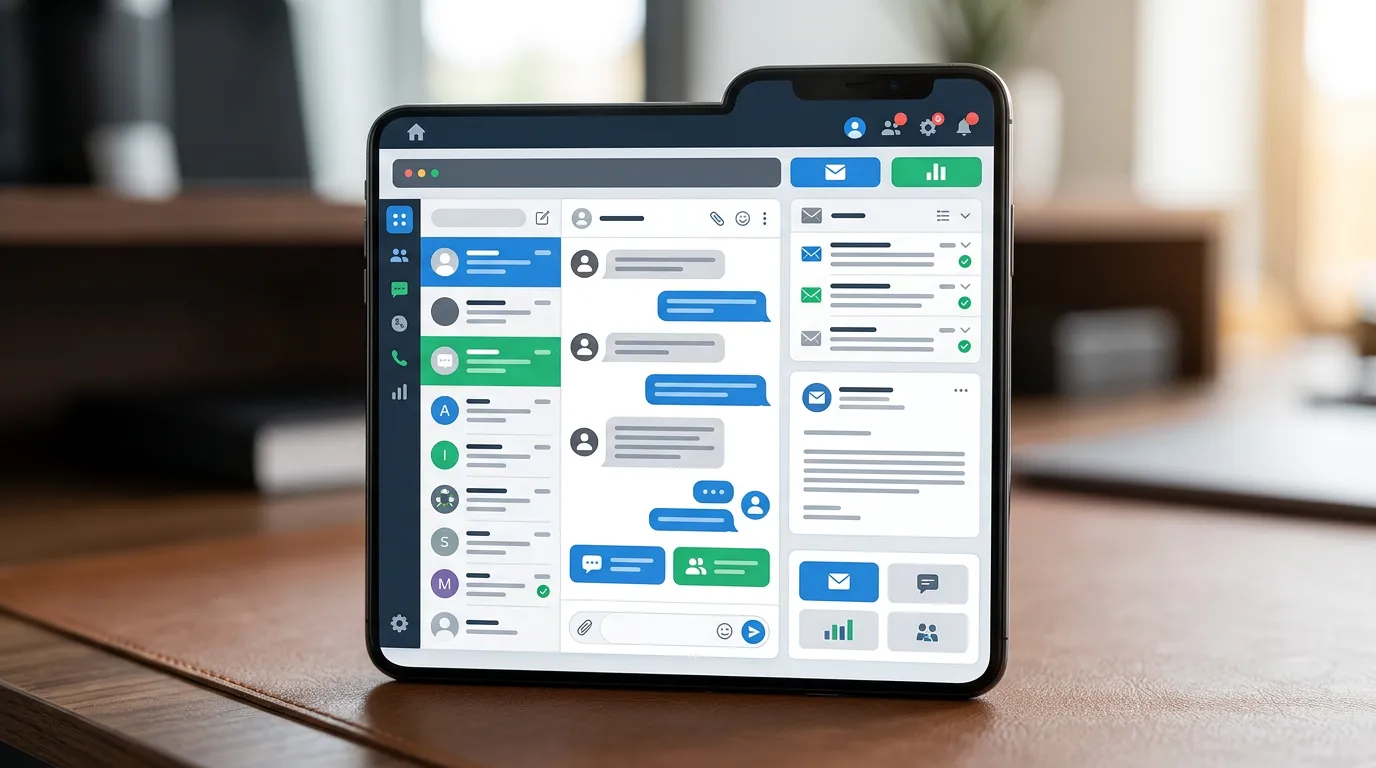 smartphone screen showing customer engagement application dashboard with chat and email interface, digital communication interface