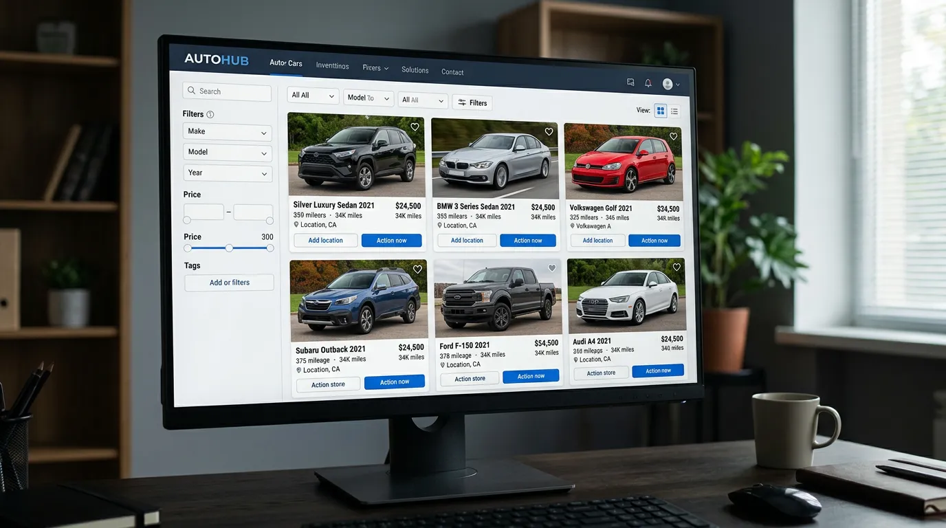 vehicle listing marketplace webpage displayed on desktop monitor showing multiple car inventory with photos and details, automotive marketplace interface