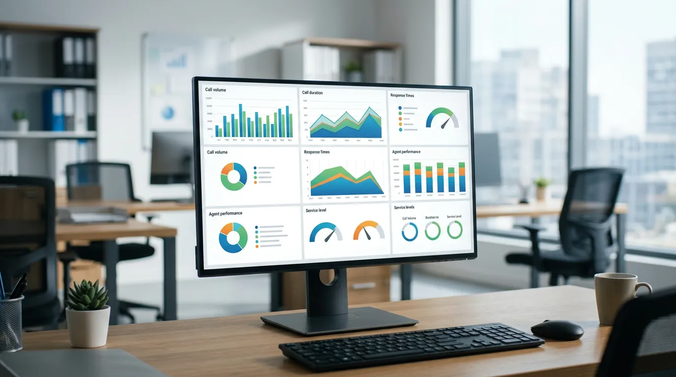 computer monitor displaying call analytics and performance metrics dashboard with charts and data visualization, office environment