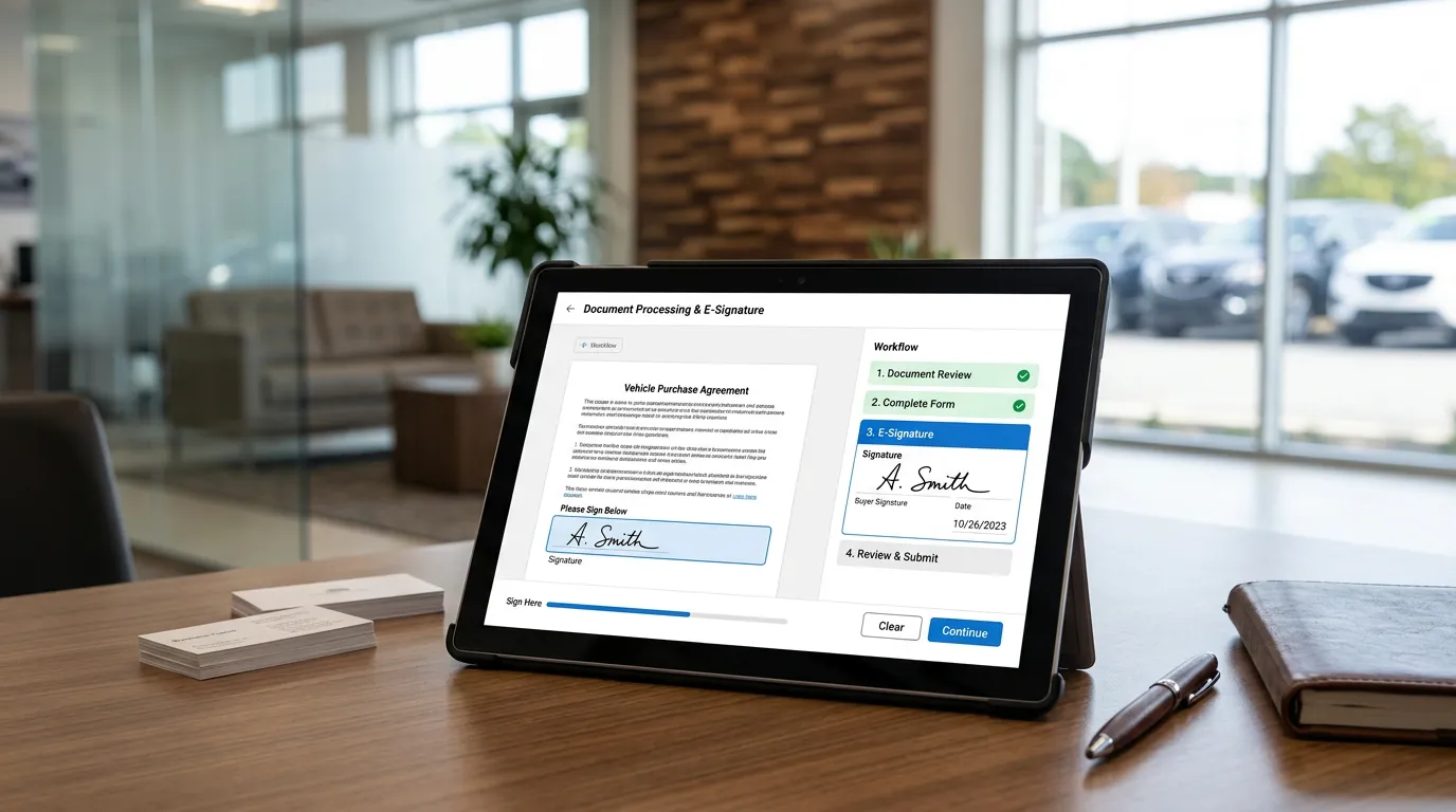 digital transaction workflow interface showing document processing and e-signature application on tablet screen, dealership office setting