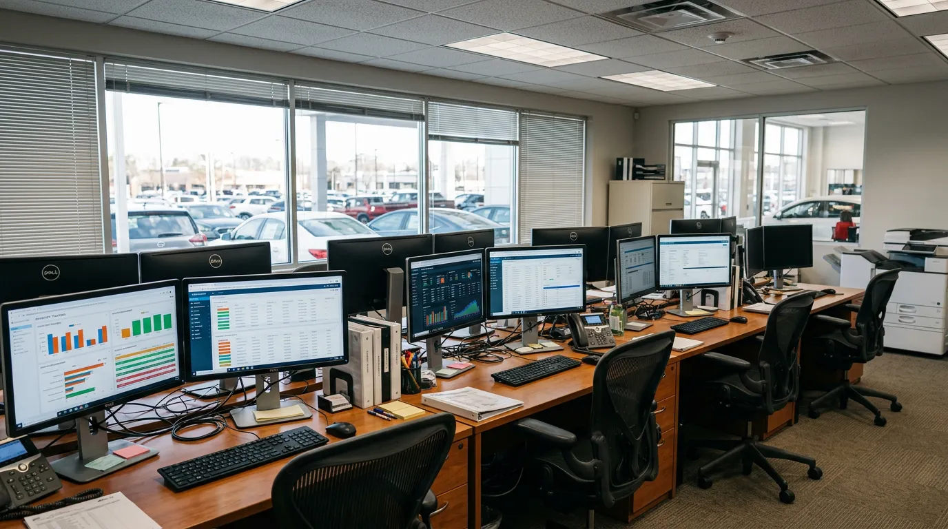 Dealership office with multiple computer workstations showing DMS software dashboard, inventory tracking screens, sales reports displayed