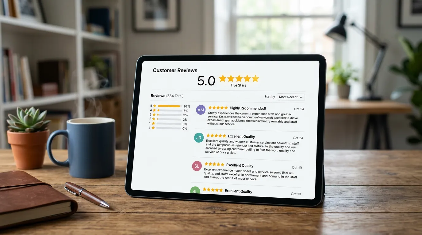 five-star rating display on a tablet or screen with customer reviews and testimonials visible, digital reputation management interface