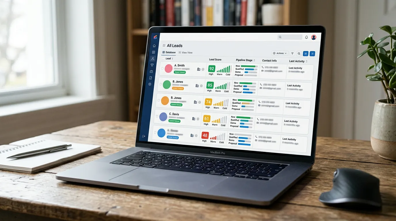 Laptop screen showing lead management dashboard with contact cards and qualification scoring interface, organized database view